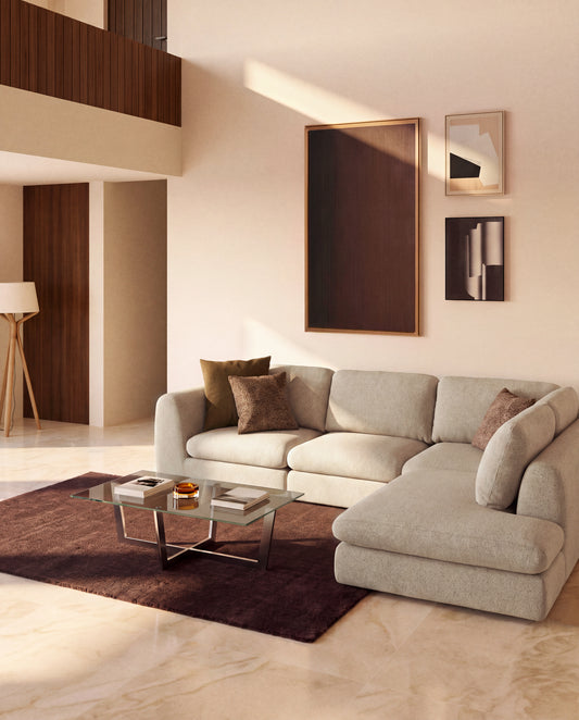 Canapé d'angle Vera 5 places avec pouf terminal droit beige 330 x 245 cm FSC Mix Credit