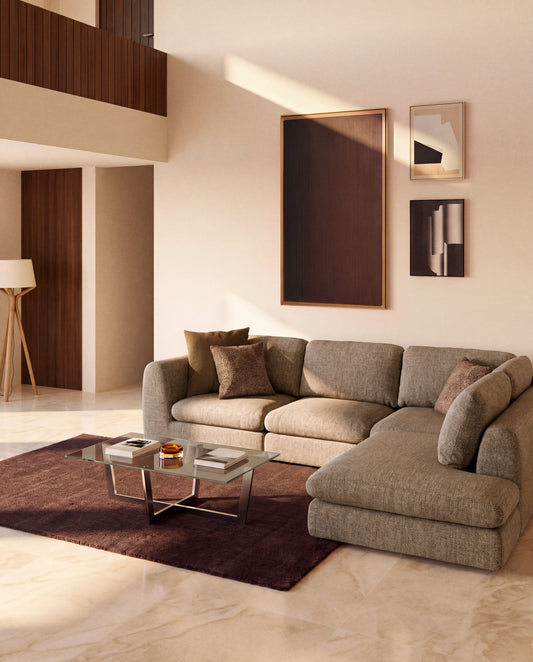 Canapé d'angle Vera 5 places avec pouf terminal droit marron clair 330 x 245 cm FSC Mix Credit