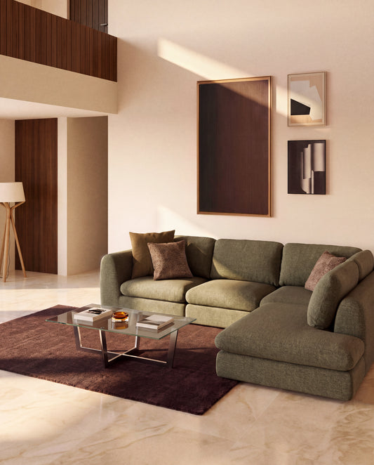 Canapé d'angle Vera 5 places avec pouf terminal droit vert olive 330 x 245 cm FSC Mix Credit