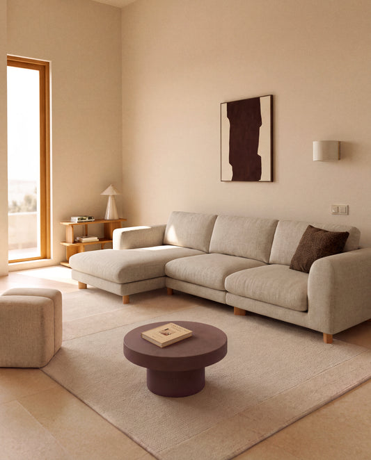 Canapé Vera 4 places avec méridienne gauche beige et pieds en frêne finition naturelle 322 cm FSC Mix Credit