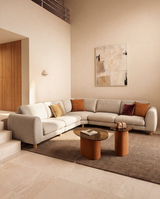 Canapé d'angle Vera 5 places beige avec pieds en frêne  finition naturelle 330 x 330 cm FSC Mix Credit