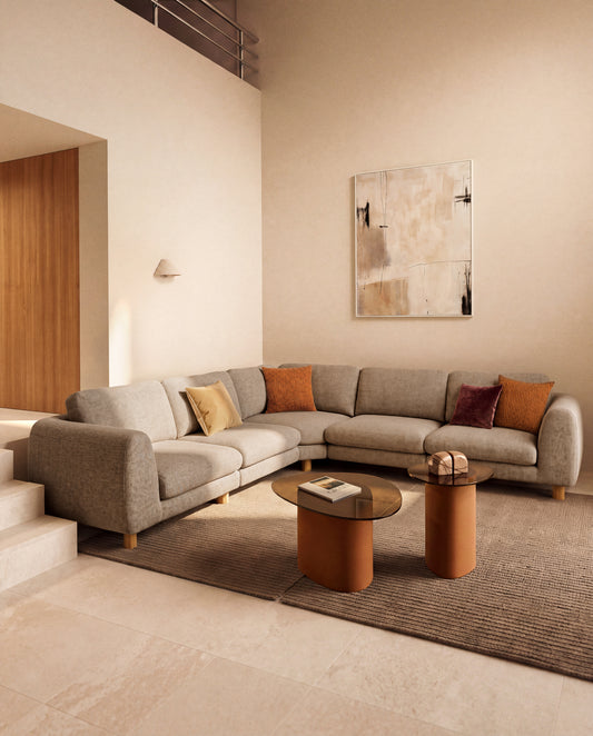 Canapé d'angle Vera 5 places marron clair avec pieds en frêne  finition naturelle 330 x 330 cm FSC Mix Credit