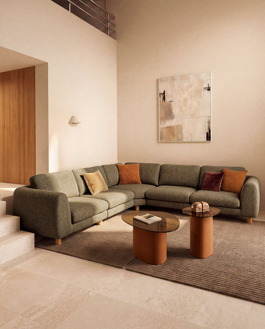 Canapé d'angle Vera 5 places vert olive avec pieds en frêne massif finition naturelle 330 x 330 cm FSC Mix Credit