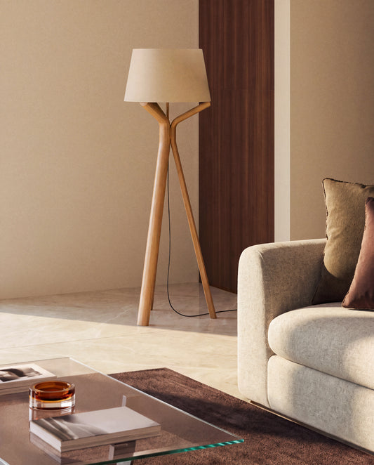 Lampadaire Ubira en bois de frêne et abat-jour en lin