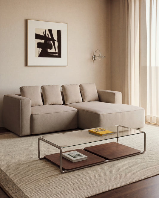 Table basse Tarsel en verre trempé et plateau en placage de noyer avec structure en acier inoxydable brossé 140 x 60 cm FSC 100%