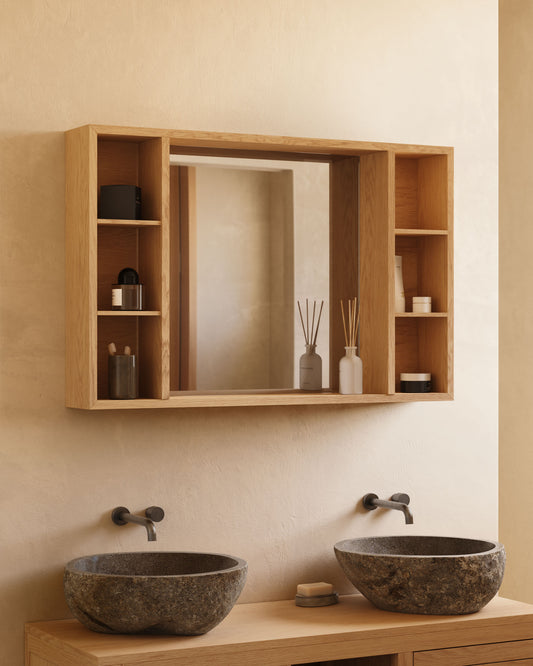 Armoire de toilette avec miroir Kenta en bois de teck 100 x 65 cm