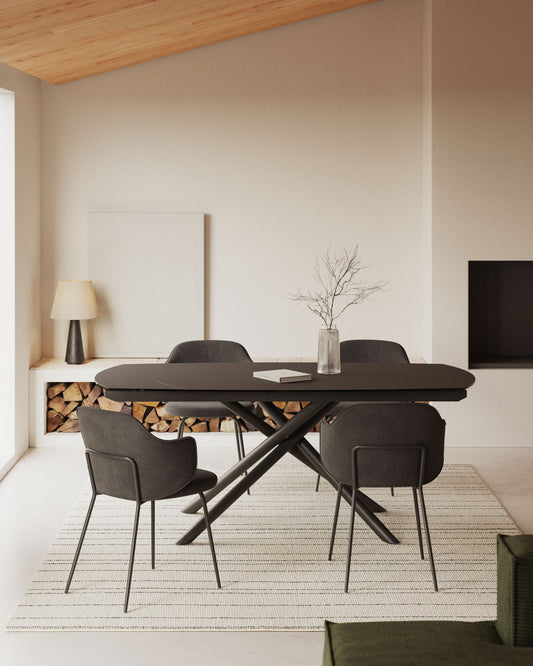 Table extensible Yodalia en verre trempé et pieds en acier finition noire 130(190)x100 cm