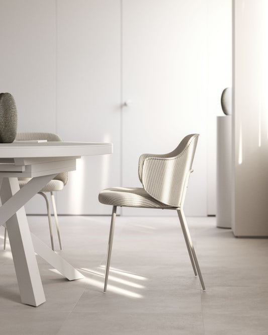 Chaise Yunia en velours grosses côtes beige avec pieds en acier finition peinture beige FSC 100%