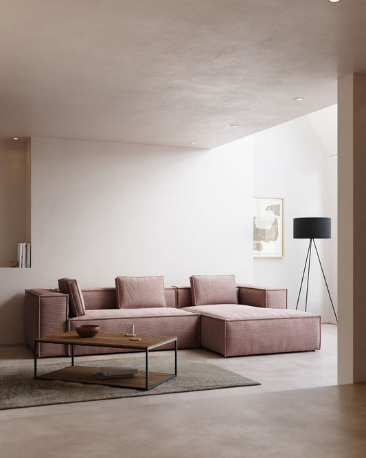 Canapé Blok 3 places avec méridienne droite ignifugé en velours côtelé épais rose 300 cm