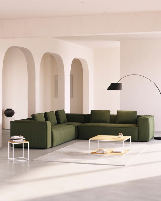 Canapé d’angle Blok 6 places en velours côtelé épais vert 320 x 320 cm – Certifié FSC Mix Credit