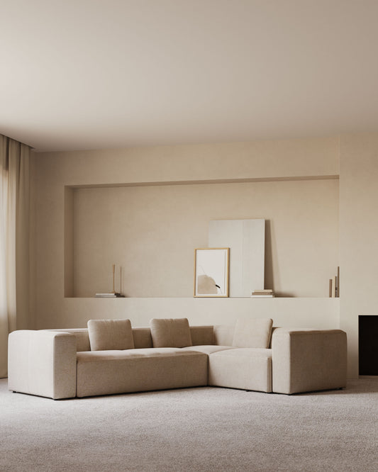 Canapé d’angle Blok 4 places ignifugé en chenille beige 320 x 230 cm / 230 x 320 cm