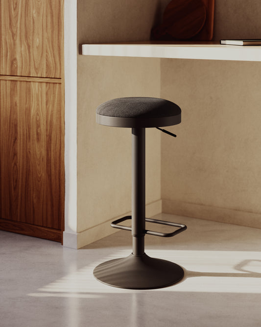 Tabouret Zaib en chenille noir et acier noir mat hauteur 63-84 cm FSC 100%