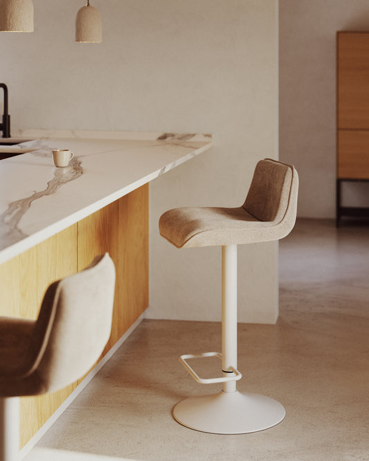 Tabouret Zenda en chenille beige et acier blanc mat 81-102 cm FSC 100%