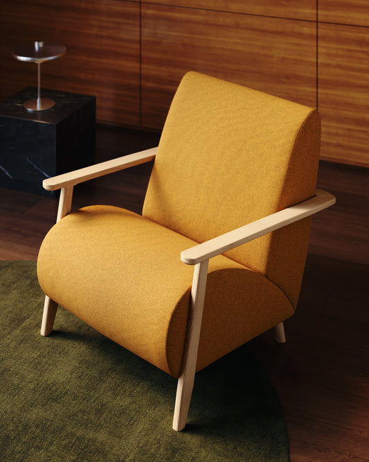 Fauteuil Meghan ignifugé en bouclette moutarde et bois de frêne avec finition ton naturel FSC Mix Credit
