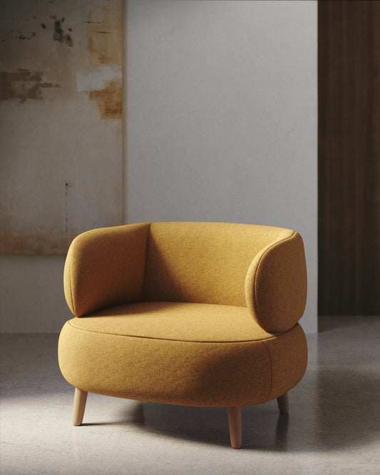 Fauteuil Luisa moutarde avec pieds en bois massif de hêtre 90 cm