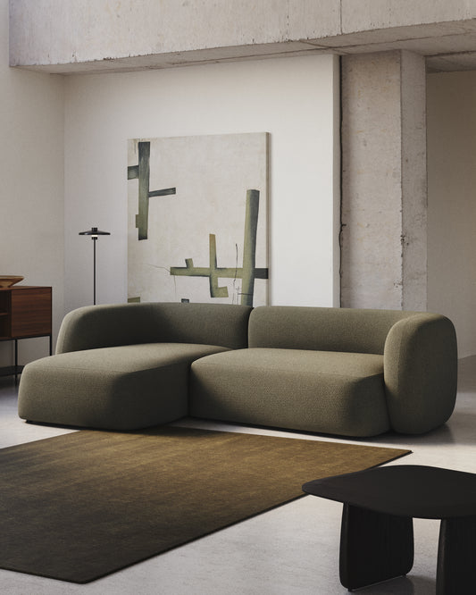 Canapé modulable Martina 3 places ignifugé en chenille verte avec méridienne gauche 287 cm