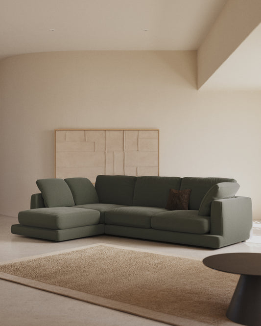 Canapé Gala 4 places avec chaise longue à gauche en chenille vert foncé FSC Mix Credit 300 cm