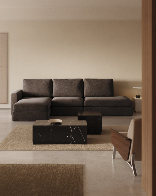 Canapé modulable déhoussable Alea 5 places en chenille marron foncé avec méridienne gauche 340 cm