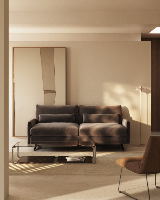 Canapé Veliro 2 places en velours marron chocolat avec pieds en acier finition noire 210 cm – Certifié FSC Mix Credit