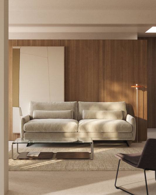Canapé Veliro 3 places en velours perle avec pieds en acier noir 240 cm – Certifié FSC Mix Credit