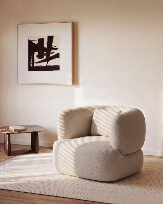 Fauteuil avec coussin Martina en chenille couleur pierre FSC Mix Credit
