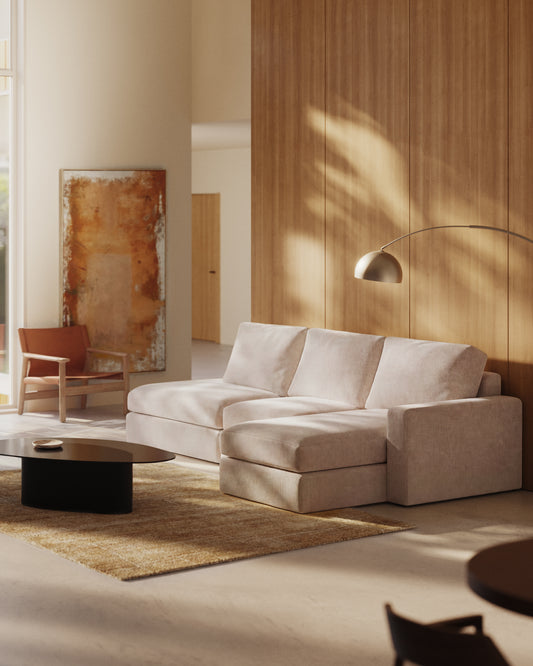 Canapé modulable déhoussable Alea 5 places avec méridienne droite chenille beige 340 cm