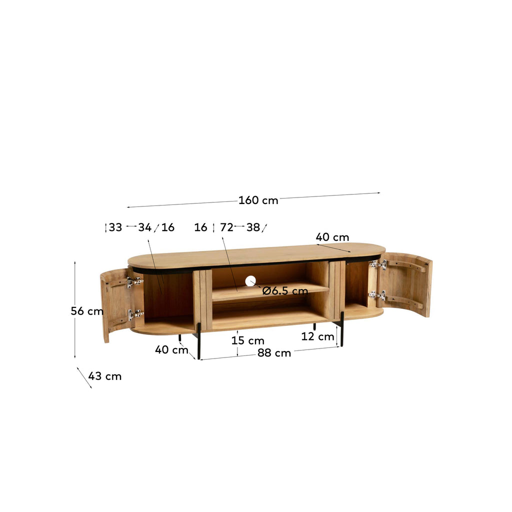 Meuble TV Licia 2 portes en bois de manguier et métal noir 160 x 56 cm