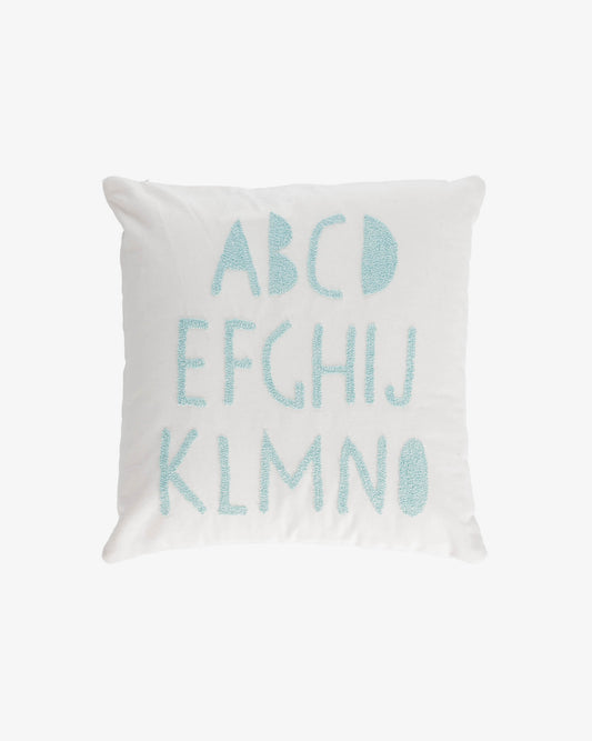 Housse de coussin Keila 100 % coton blanc alphabet bleu 45 x 45 cm