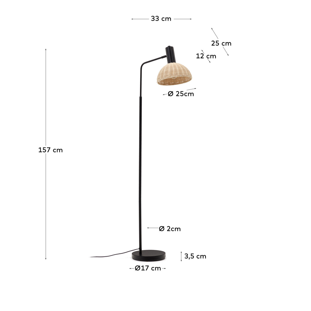 Lampadaire Damila en métal noir et rotin