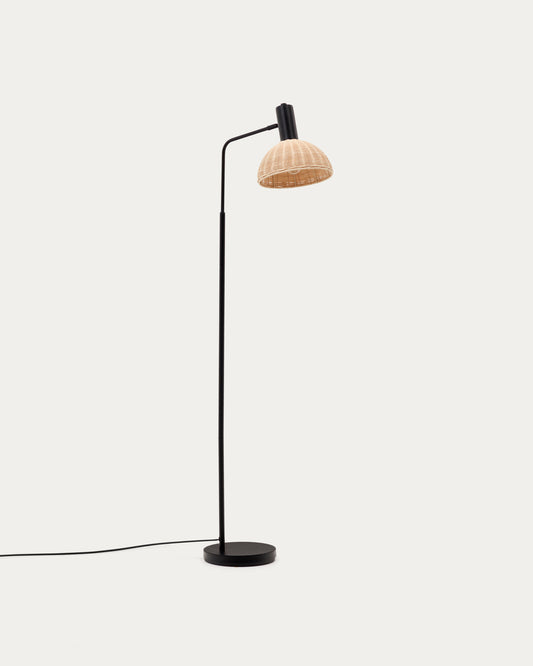 Lampadaire Damila en métal noir et rotin