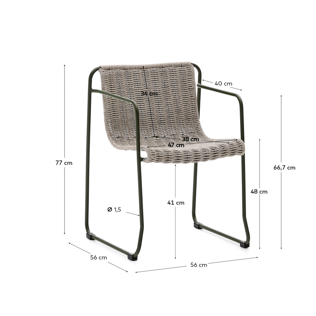 Chaise empilable Maurina en acier galvanisé vert et corde écrue et grise