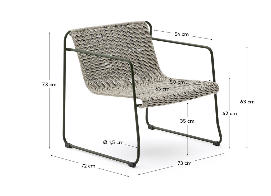 Fauteuil empilable Maurina en acier galvanisé vert et corde écrue et grise