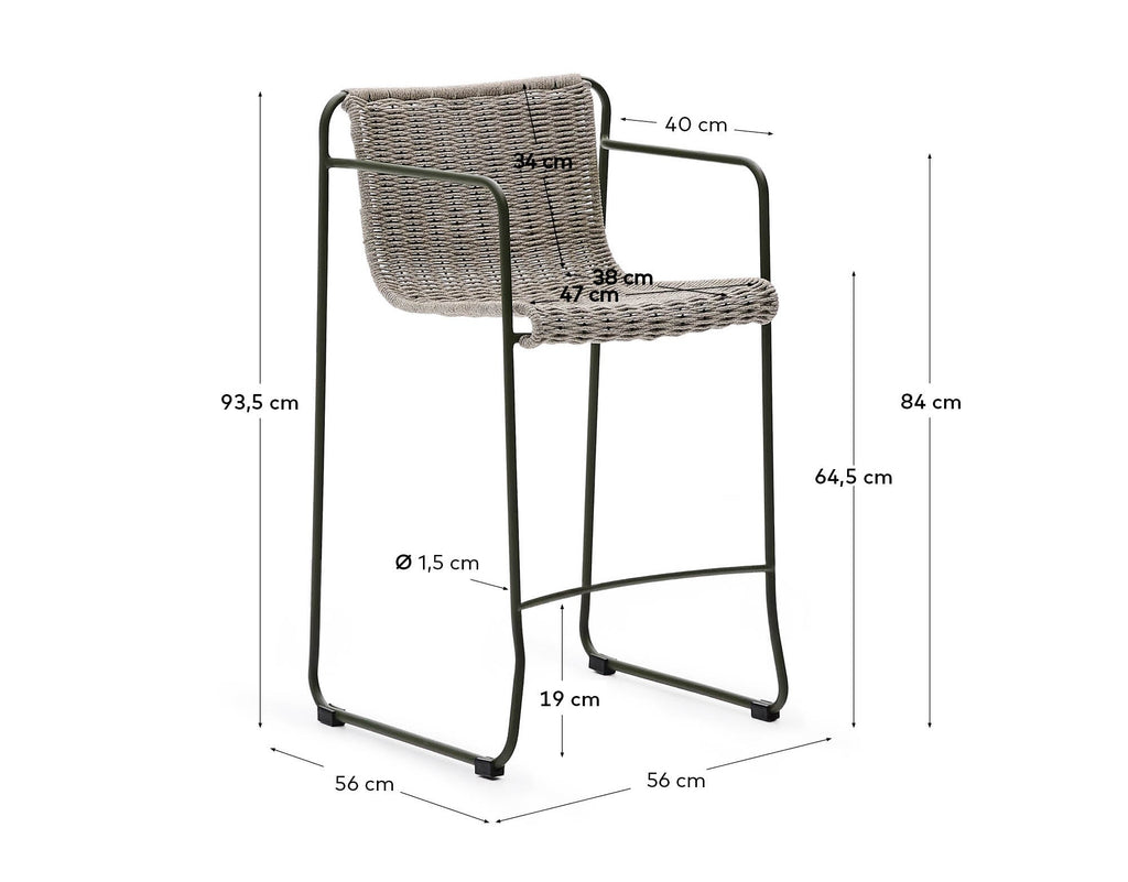 Tabouret Maurina en acier galvanisé vert et corde écrue et grise 64,5 cm