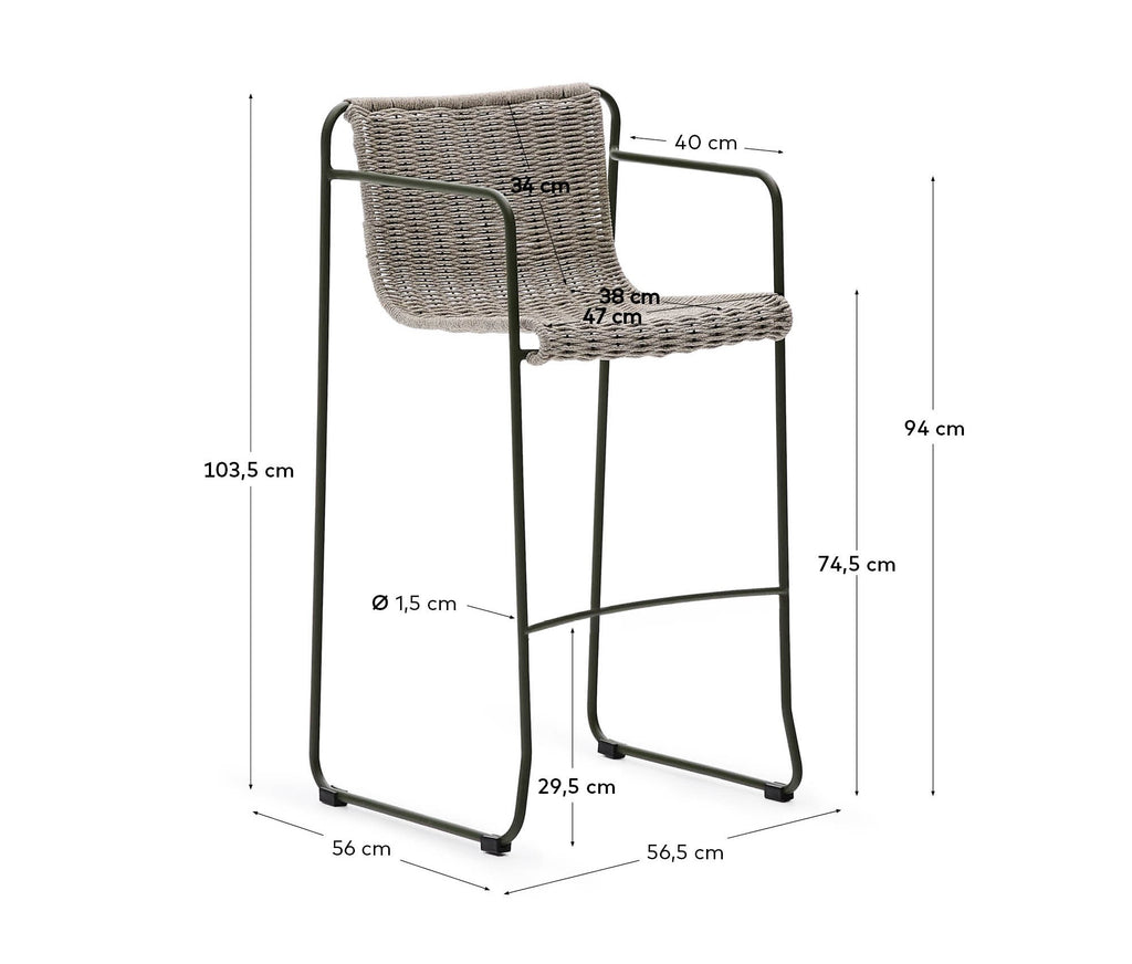 Tabouret Maurina en acier galvanisé vert et corde écrue et grise 74,5 cm