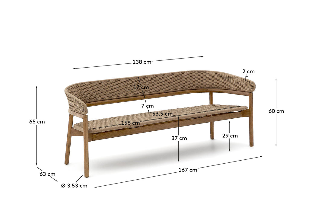 Canapé 3 places Arinella en bois d’acacia, finition ton naturel et corde beige FSC 100 % 167 cm
