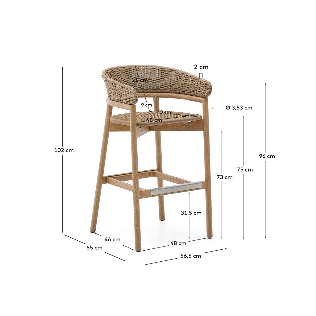 Tabouret Arinella en bois d’acacia, finition ton naturel et corde beige 75 cm FSC 100 %