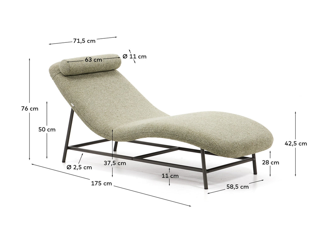 Divan Osla en chenille verte avec pieds en acier inoxydable brossé graphite FSC 100% 174 cm