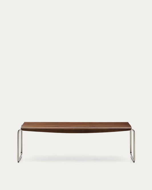 Banc Tarsel en placage de noyer avec structure en acier inoxydable brossé 142 cm