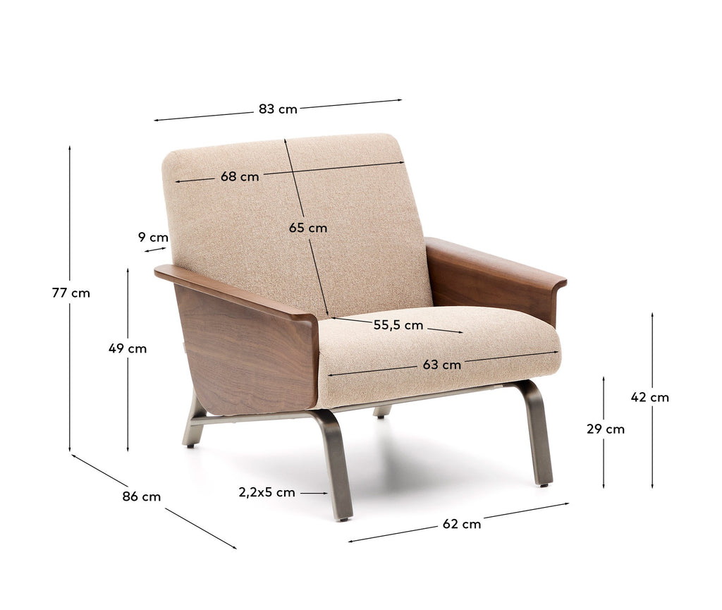 Fauteuil Amsen marron clair en contreplaqué de noyer avec pieds en acier inoxydable brossé