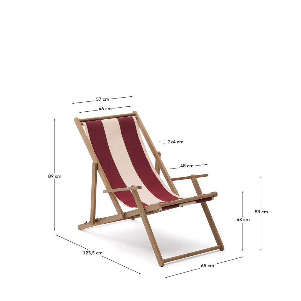 Transat pliable d’extérieur Vilara rayures grenat et beiges en bois d’acacia FSC 100 %