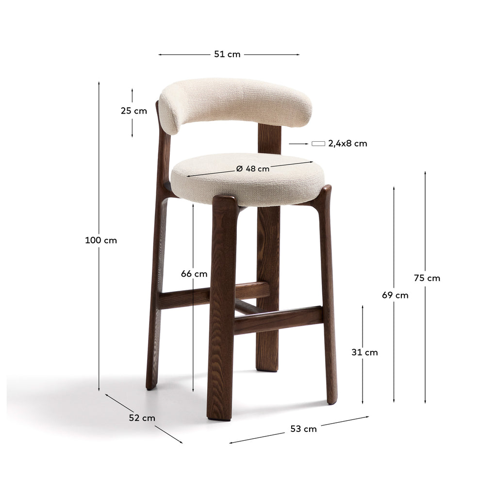 Tabouret Granite en tissu chenille beige et bois de frêne avec finition ton noyer FSC 100 % 75 cm