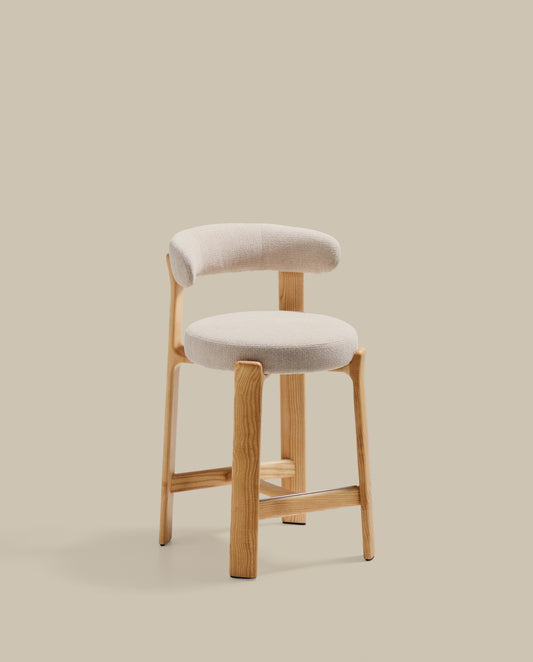 Tabouret Granite en tissu chenille beige et bois de frêne avec finition ton naturel FSC 100 % 65 cm