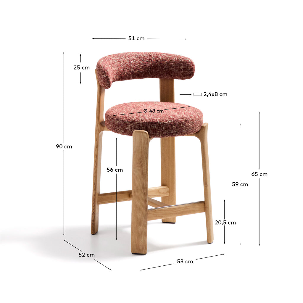 Tabouret Granite en tissu chenille terracotta et bois de frêne avec finition ton naturel FSC 100 % 65 cm