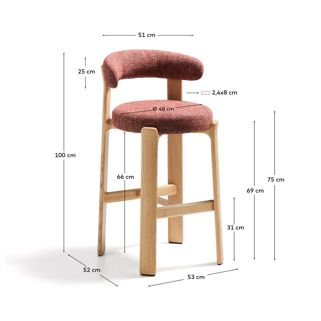 Tabouret Granite en tissu chenille terracotta et bois de frêne avec finition ton naturel FSC 100 % 75 cm