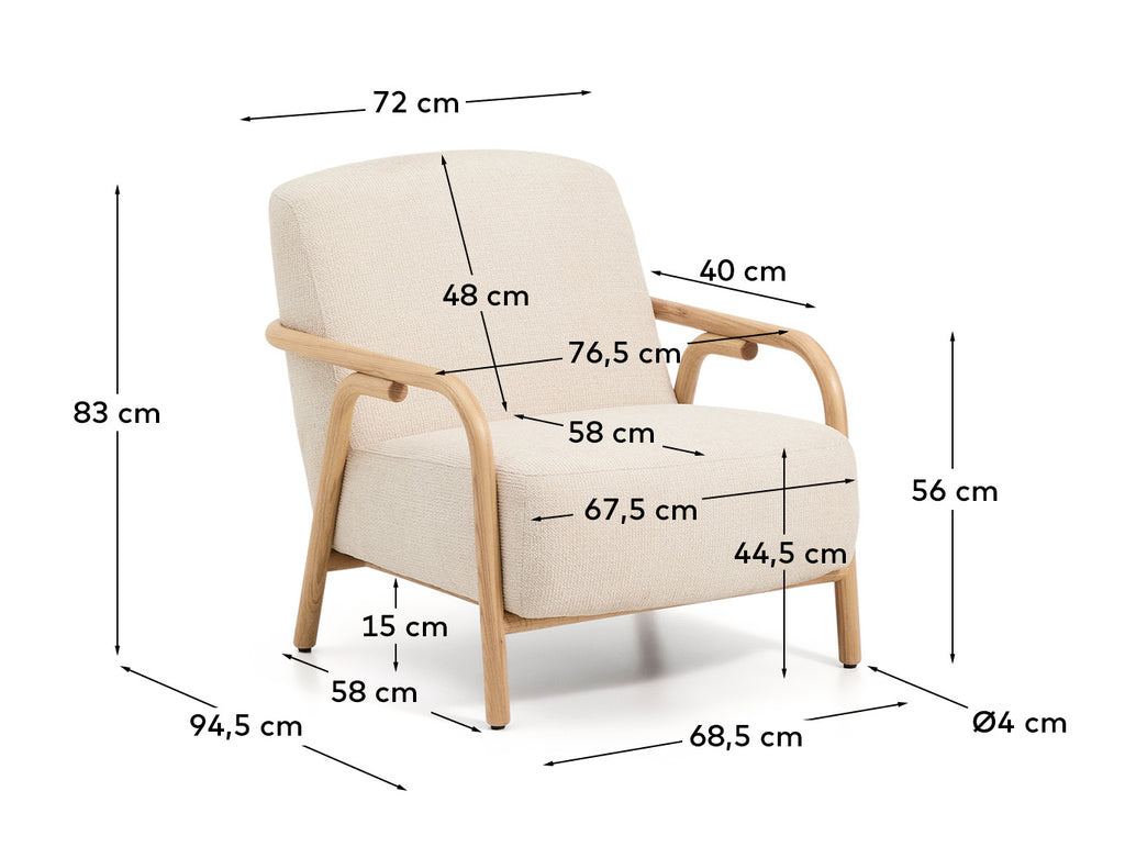 Fauteuil Sylo en tissu chenille beige et bois de frêne avec finition ton naturel FSC 100 %
