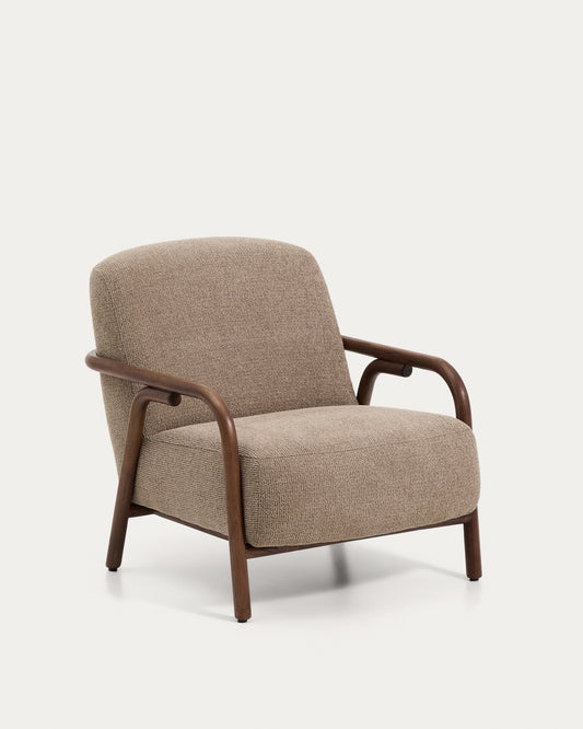 Fauteuil Sylo en tissu chenille taupe et bois de frêne avec finition ton noyer FSC 100 %