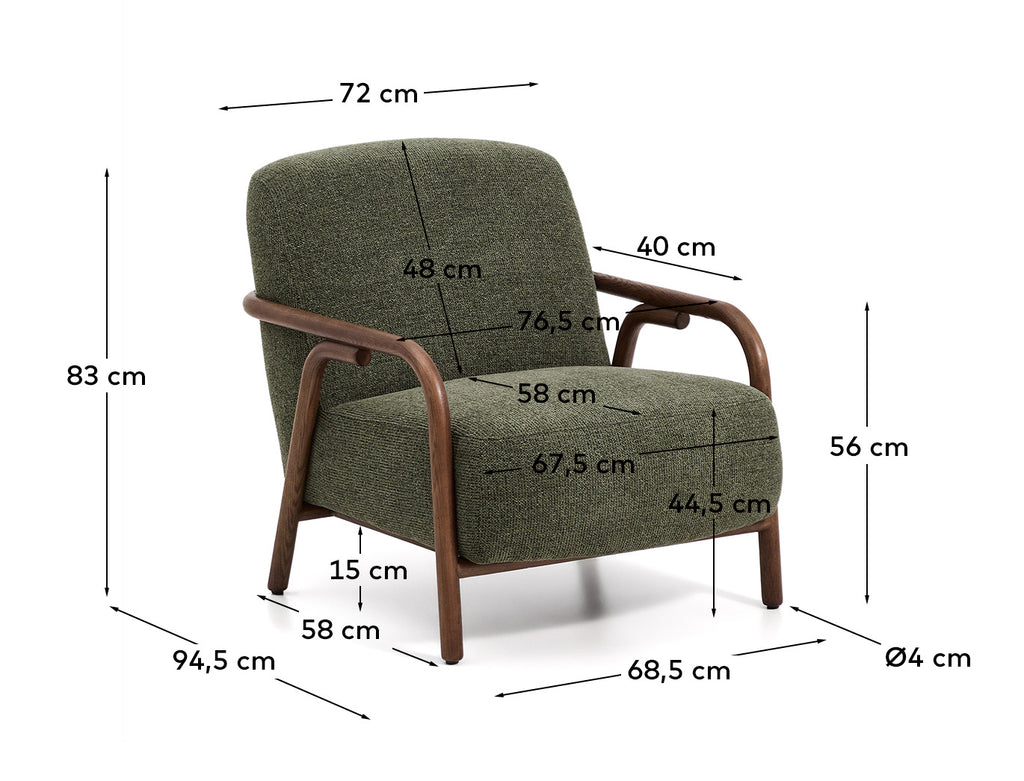 Fauteuil Sylo en tissu chenille vert foncé et bois de frêne avec finition ton noyer FSC 100 %
