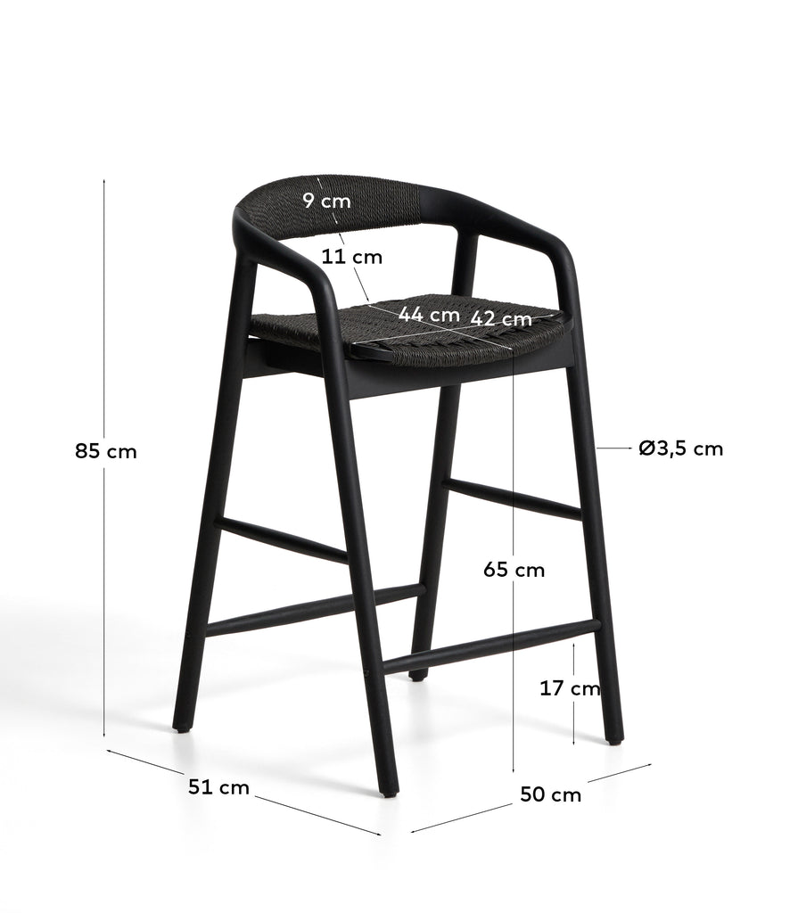 Tabouret Derile en bois de chêne avec finition noire et corde en papier noire FSC Mix Credit 65 cm
