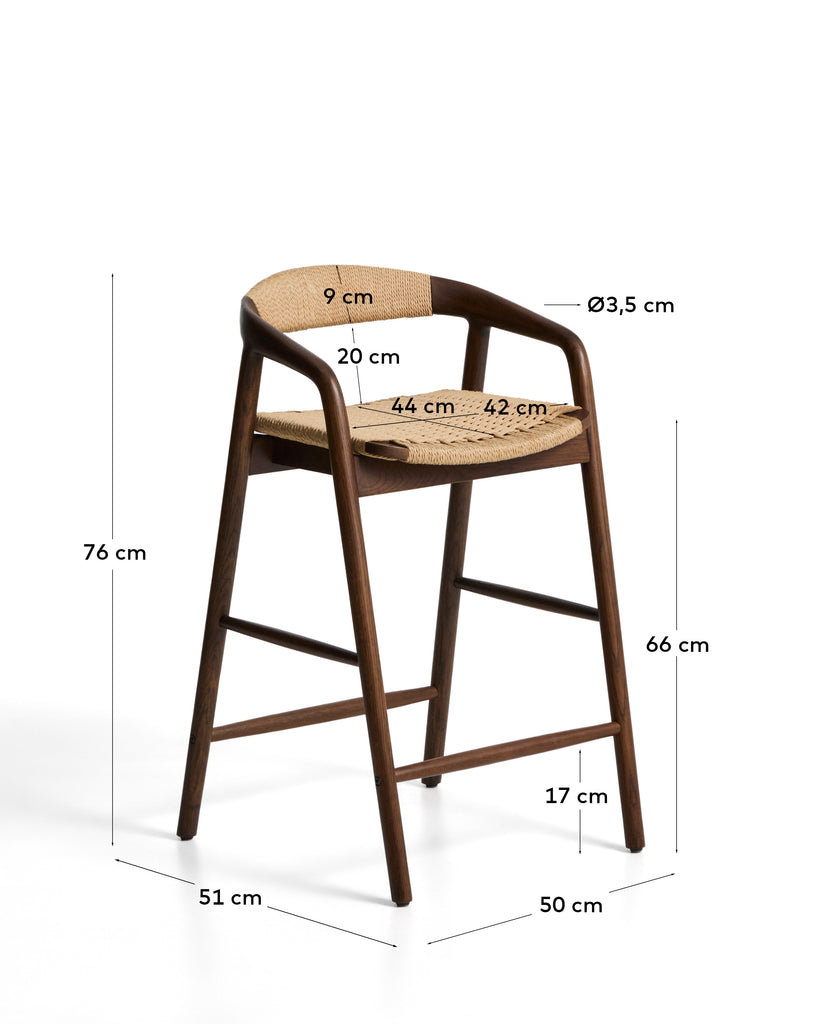 Tabouret Derile en bois de chêne avec finition noyer et corde en papier beige FSC Mix Credit 65 cm