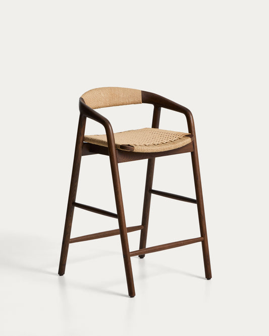 Tabouret Derile en bois de chêne avec finition noyer et corde en papier beige FSC Mix Credit 65 cm